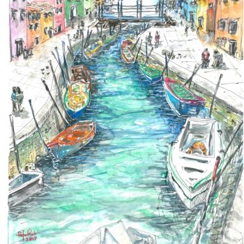 Painting titled "Canal em Veneza" by Rafael Pasito, Original Artwork, Watercolor