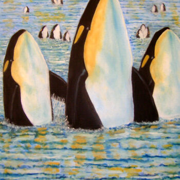 Painting titled "Orca Trio" by Pasquale Desantis, Original Artwork, Oil Mounted on Wood Stretcher frame
