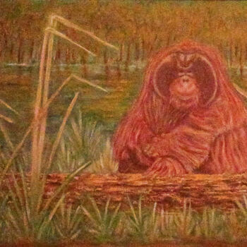 Malerei mit dem Titel "Orangutan Meditation" von Pasquale Desantis, Original-Kunstwerk, Öl Auf Keilrahmen aus Holz montiert