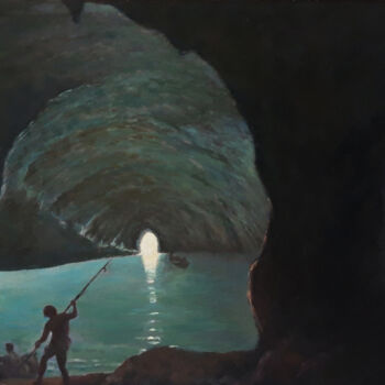 Painting titled "Grotta azzurra con…" by Pasquale Minervino (Minervino), Original Artwork, Oil Mounted on Wood Stretcher fra…
