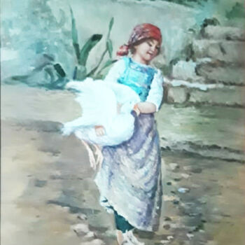 Painting titled "Bambina con Oca" by Pasquale Minervino (Minervino), Original Artwork, Oil Mounted on Other rigid panel