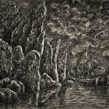 Zeichnungen mit dem Titel "Mer et rochers" von Passollina, Original-Kunstwerk, Tinte
