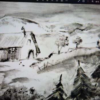 Gravures & estampes intitulée "Maison sous la neige" par Passport, Œuvre d'art originale, Monotype