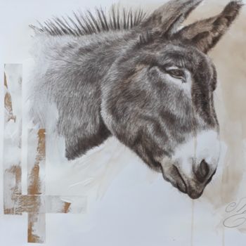 Dessin intitulée "L'âne au crayon" par Corinne Romand-Maitrepierre, Œuvre d'art originale, Crayon Monté sur Verre