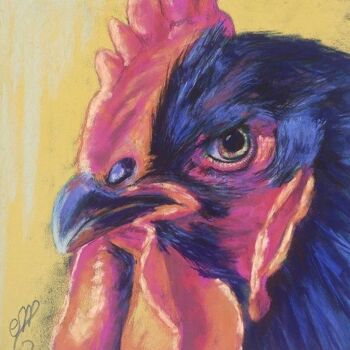 Disegno intitolato "Le coq bleu" da Corinne Romand-Maitrepierre, Opera d'arte originale, Pastello Montato su Pannello di leg…