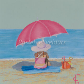 Drawing titled "Parapluie Rose" by Pastels Et Velours, Original Artwork, Pastel