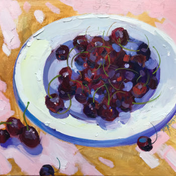Painting titled "Ripe cherries" by Yuliia Pastukhova, Original Artwork, Oil