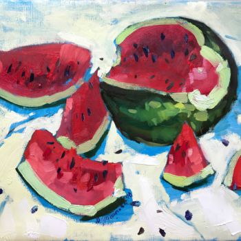 Painting titled "Ripe watermelon" by Yuliia Pastukhova, Original Artwork, Oil Mounted on Wood Stretcher frame