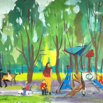 Peinture intitulée "Walking with childr…" par Yuliia Pastukhova, Œuvre d'art originale, Gouache