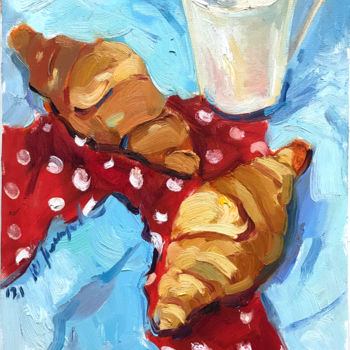 Painting titled "croissants with tea" by Yuliia Pastukhova, Original Artwork, Oil