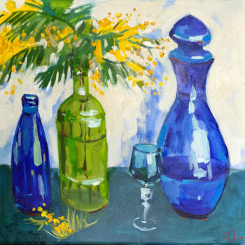 Pittura intitolato "mimosa and blue dec…" da Yuliia Pastukhova, Opera d'arte originale, Olio