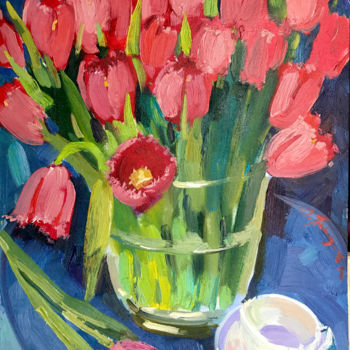 Painting titled "Spring in the tulips" by Yuliia Pastukhova, Original Artwork, Oil