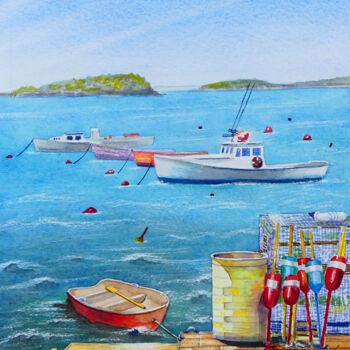 Painting titled "Boats of Maine" by Tatiana Kremlev (Chvetsova), Original Artwork, Watercolor Mounted on Cardboard
