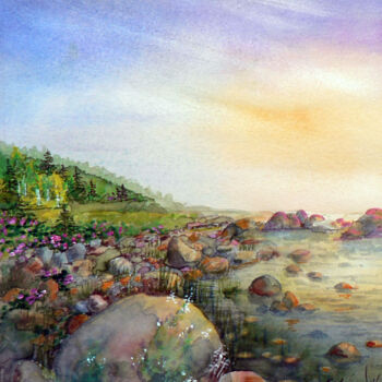 Painting titled "Sunset with the Roc…" by Tatiana Kremlev (Chvetsova), Original Artwork, Watercolor