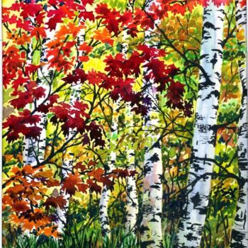 Painting titled "Autumn Birch Grove" by Tatiana Kremlev (Chvetsova), Original Artwork, Other