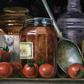 Painting titled "Small Jars and Toma…" by Tatiana Kremlev (Chvetsova), Original Artwork, Oil