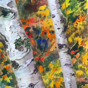 Painting titled "Autumn Birch Trees" by Tatiana Kremlev (Chvetsova), Original Artwork, Other