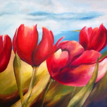 Painting titled "Red Tulips" by Patricia Matser, Original Artwork, Acrylic Mounted on Wood Panel