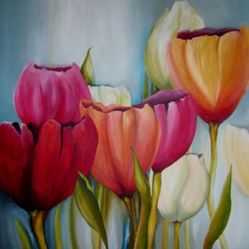 Peinture intitulée "Gekleurde Tulpen" par Patricia Matser, Œuvre d'art originale, Acrylique Monté sur Panneau de bois