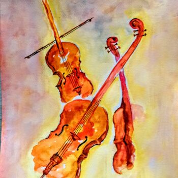 Painting titled "** Les Violoncelles…" by Patrice Le Gall, Original Artwork, Watercolor