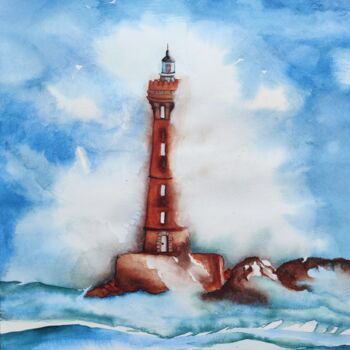 Painting titled "Le Phare du Four" by Patrice Le Gall, Original Artwork, Watercolor