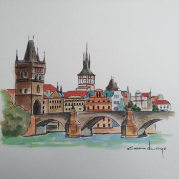 Drawing titled "Le pont Charles" by Patrice Candeago, Original Artwork, Oil