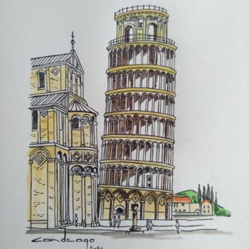 Drawing titled "La tour de Pise" by Patrice Candeago, Original Artwork, Oil