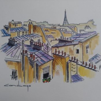 Drawing titled "Les toits de Paris" by Patrice Candeago, Original Artwork, Oil