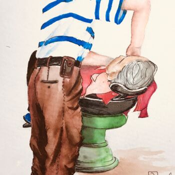 Painting titled "Chez le barbier" by Patricia Blanchet-Olivier, Original Artwork, Watercolor Mounted on Cardboard
