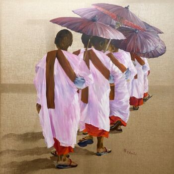Painting titled "Procession (Birmani…" by Patricia Blanchet-Olivier, Original Artwork, Oil Mounted on Wood Stretcher frame