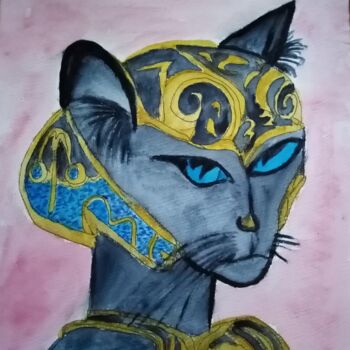 Peinture intitulée "Gata Egipcia" par Patricia Brown (Artedibujopbrown), Œuvre d'art originale, Aquarelle