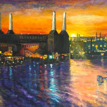 Painting titled "Battersea Power Sta…" by Patricia Clements Art, Original Artwork, Oil Mounted on Wood Stretcher frame