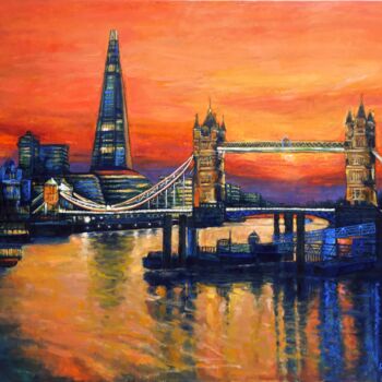 Painting titled "Orange sunset Londo…" by Patricia Clements Art, Original Artwork, Oil Mounted on Wood Stretcher frame