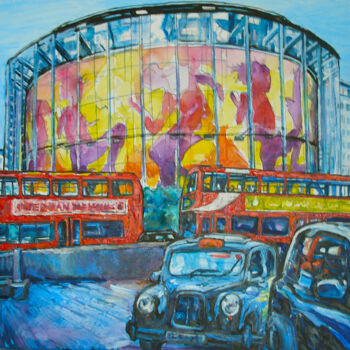 Painting titled "Imax London Citysca…" by Patricia Clements Art, Original Artwork, Oil Mounted on Wood Stretcher frame