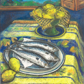 Dibujo titulada "Three fish with a v…" por Patricia Clements Art, Obra de arte original, Pastel Montado en Cartulina