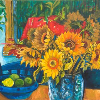 Painting titled "Sunflowers Lemon an…" by Patricia Clements Art, Original Artwork, Oil
