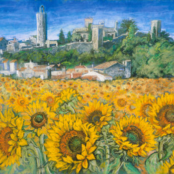 Malarstwo zatytułowany „Sunflower fields a…” autorstwa Patricia Clements Art, Oryginalna praca, Pastel Zamontowany na Karton