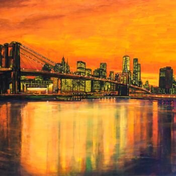Painting titled "Brooklyn Bridge sun…" by Patricia Clements Art, Original Artwork, Oil Mounted on artwork_cat.