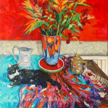 Painting titled "Cat with Bird of Pa…" by Patricia Clements Art, Original Artwork, Oil