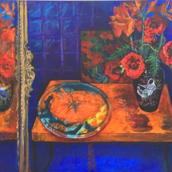 Painting titled "Still life of poppi…" by Patricia Clements Art, Original Artwork, Oil Mounted on Wood Stretcher frame