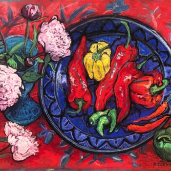 Drawing titled "Peony and Peppers s…" by Patricia Clements Art, Original Artwork, Pastel Mounted on Cardboard