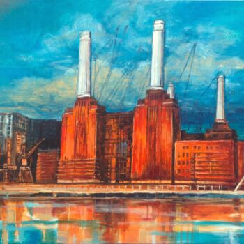 Painting titled "Battersea Power Sta…" by Patricia Clements Art, Original Artwork, Oil Mounted on Wood Stretcher frame
