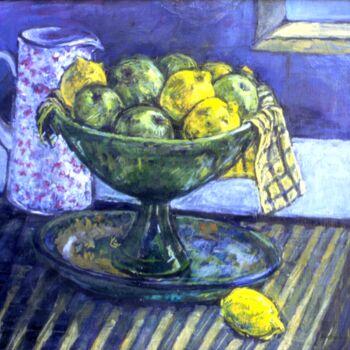 Painting titled "Apples and Lemons s…" by Patricia Clements Art, Original Artwork, Oil Mounted on Wood Stretcher frame