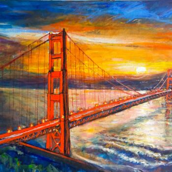 Painting titled "Golden Gate Bridge…" by Patricia Clements Art, Original Artwork, Oil Mounted on Wood Stretcher frame