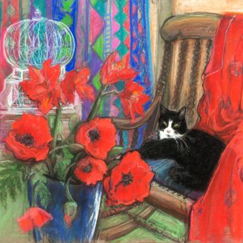 Rysunek zatytułowany „Black Cat with Popp…” autorstwa Patricia Clements Art, Oryginalna praca, Pastel