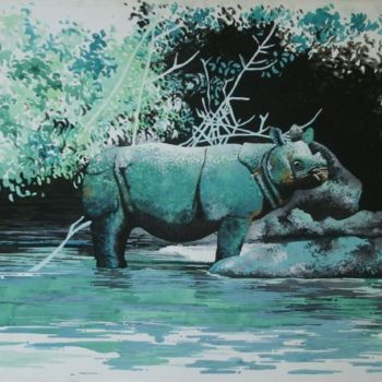 Painting titled "Le rhino" by Patricia Colapinto, Original Artwork, Oil