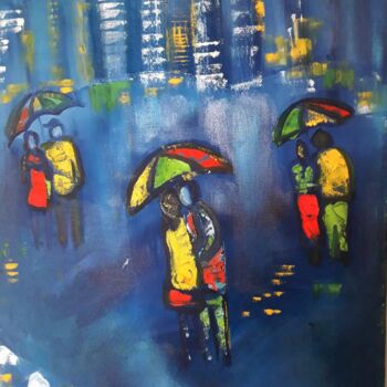 Painting titled "L'amour sous la plu…" by Patricia Goud (Gpat), Original Artwork, Oil Mounted on Wood Stretcher frame