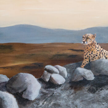 Painting titled "Cheetah at Dawn" by Patricia Gould, Original Artwork, Acrylic Mounted on Wood Stretcher frame