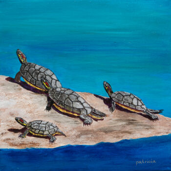 Painting titled "Tortugas Tranquillas" by Patricia Gould, Original Artwork, Acrylic Mounted on Wood Stretcher frame