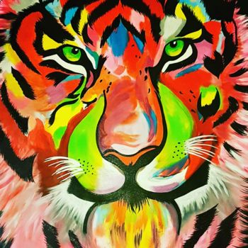 Schilderij getiteld "Tigre de feu" door Les Créations De Patou, Origineel Kunstwerk, Acryl
